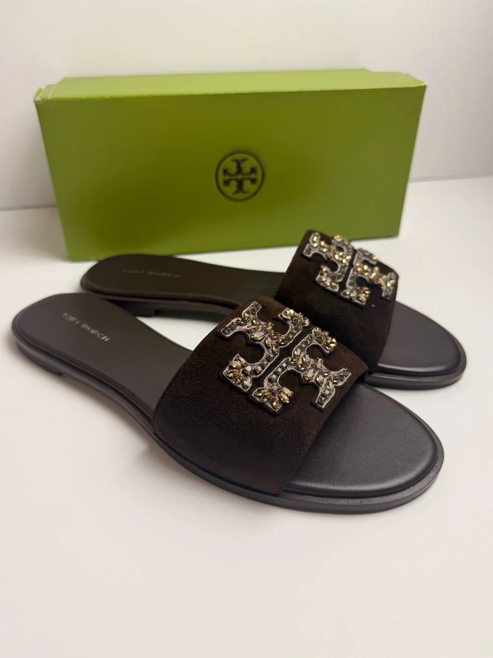 Tory Burch Everly Embellished Slide Sandals Dark Cocoa Brown Suede Crystal US 8
